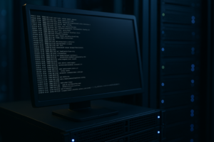 Un administrateur de serveurs analyse le « slowlog » de PHP-FPM sur un écran dans le centre de données