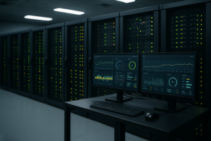 Salle des serveurs avec tableaux de bord de surveillance et indicateurs d'état