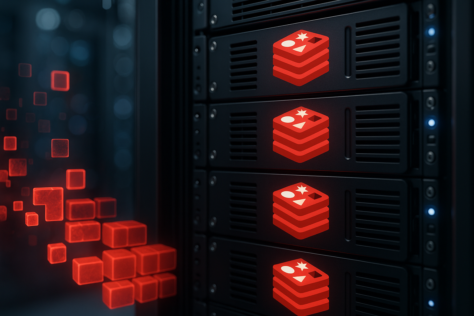 Rack de serveurs hébergeant des instances Redis et affichant la défragmentation de la mémoire dans le centre de données