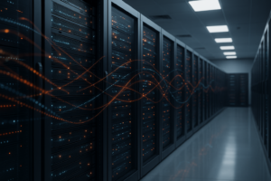 Salle de serveurs moderne dotée d'une infrastructure d'hébergement et de flux de données abstraits, symbolisant les notifications de l'espace de clés Redis