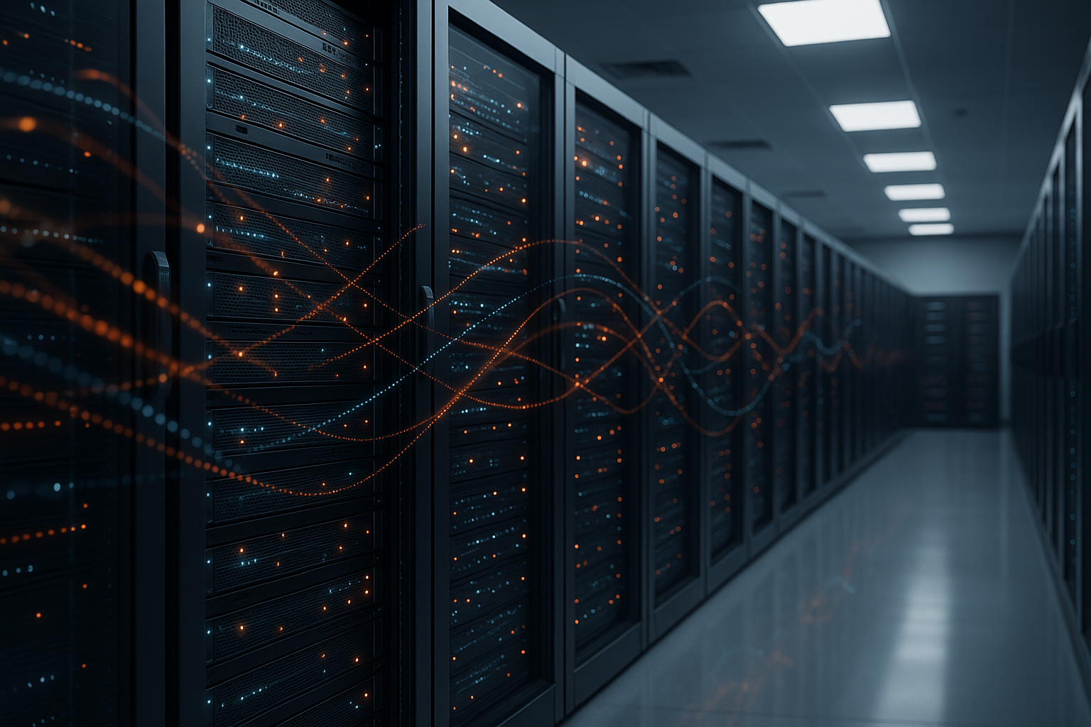 Salle de serveurs moderne dotée d'une infrastructure d'hébergement et de flux de données abstraits, symbolisant les notifications de l'espace de clés Redis