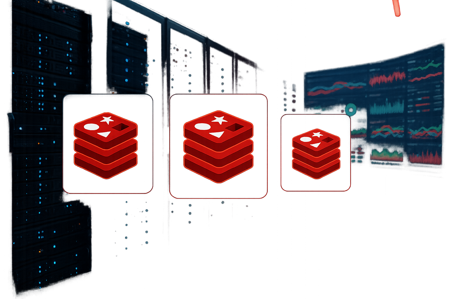 Salle des serveurs avec tableau de bord pour la surveillance de Redis et l'analyse des performances