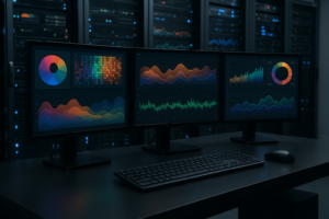 Représentation photoréaliste d'un système de surveillance pour Redis, avec des graphiques et l'infrastructure serveur