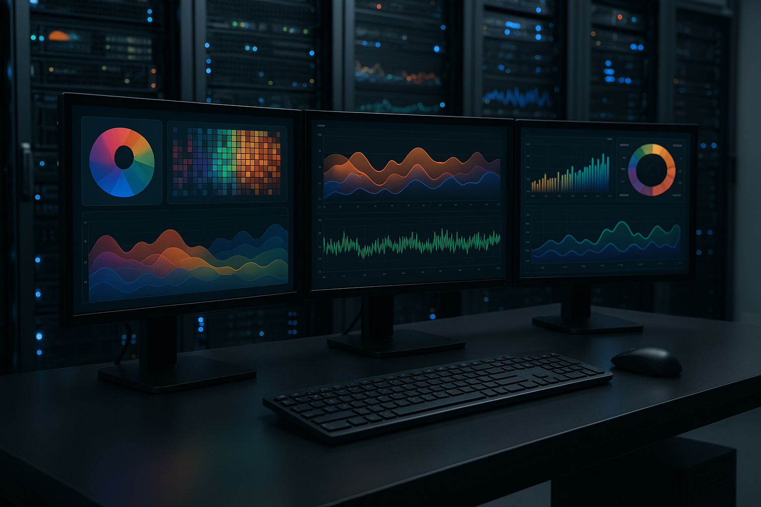 Représentation photoréaliste d'un système de surveillance pour Redis, avec des graphiques et l'infrastructure serveur