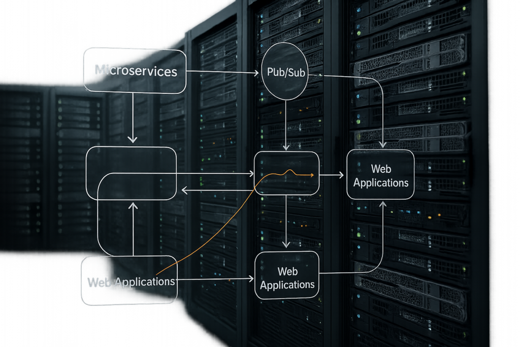 Salle de serveurs moderne avec flux de données pour Redis Pub Sub