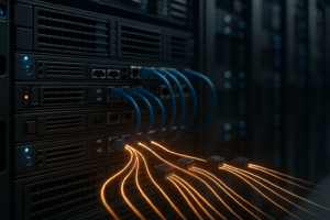 Rack de centre de données équipé de serveurs Linux et d'un réseau 25 Gbit, répartition de la charge visualisée grâce à la technologie « Receive Side Scaling »