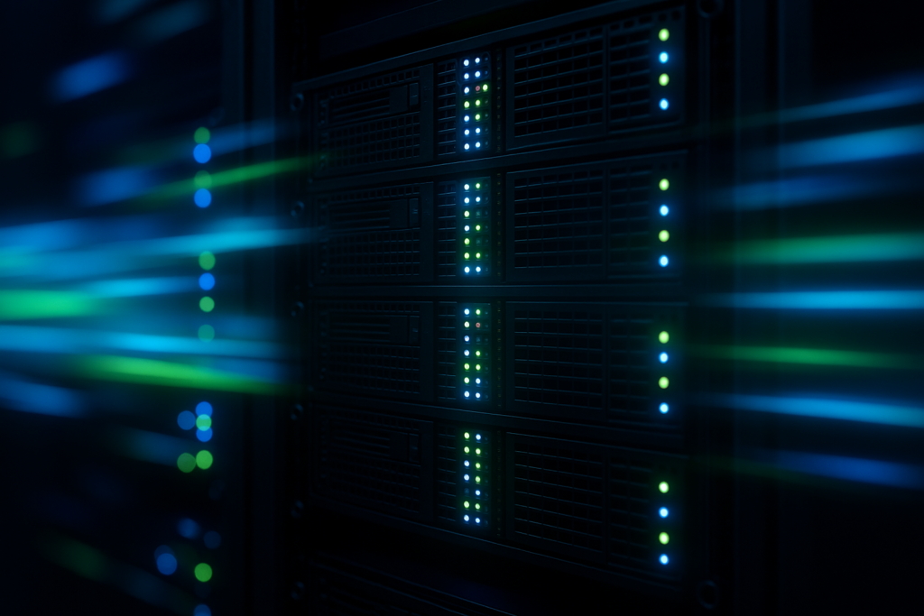 Centre de données équipé de baies de serveurs modernes et offrant des performances réseau TCP BBR optimisées