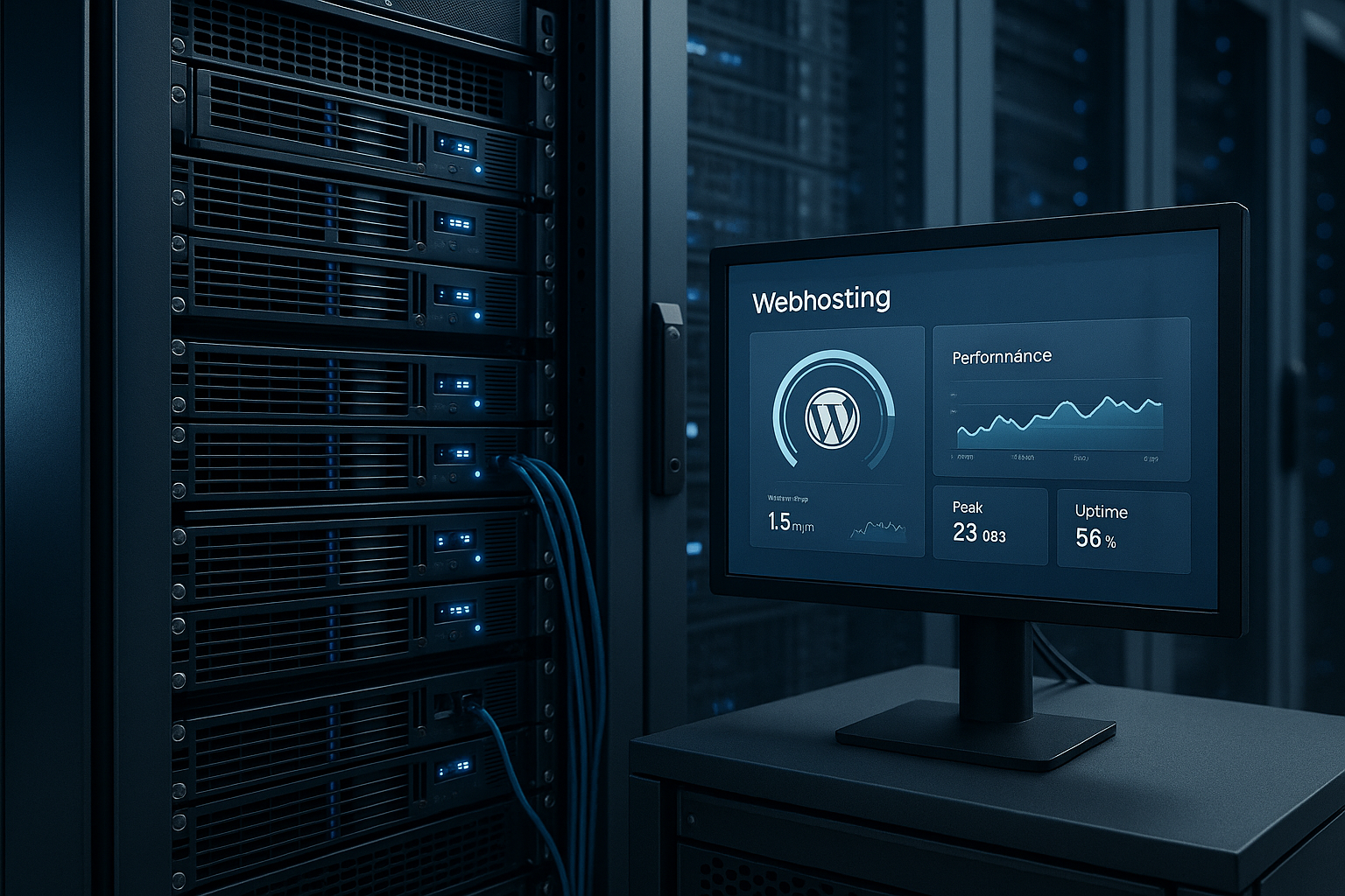 Représentation photoréaliste d'un rack de serveurs pour la mise en cache WordPress sans PHP