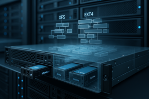 Serveurs de centre de données équipés des systèmes de fichiers XFS et EXT4 sur des SSD NVMe, dans une représentation photoréaliste