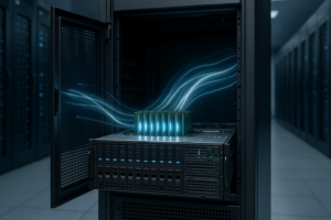 Rack de serveurs avec des modules de mémoire vive mis en évidence pour illustrer le cache ARC de ZFS dans un centre de données