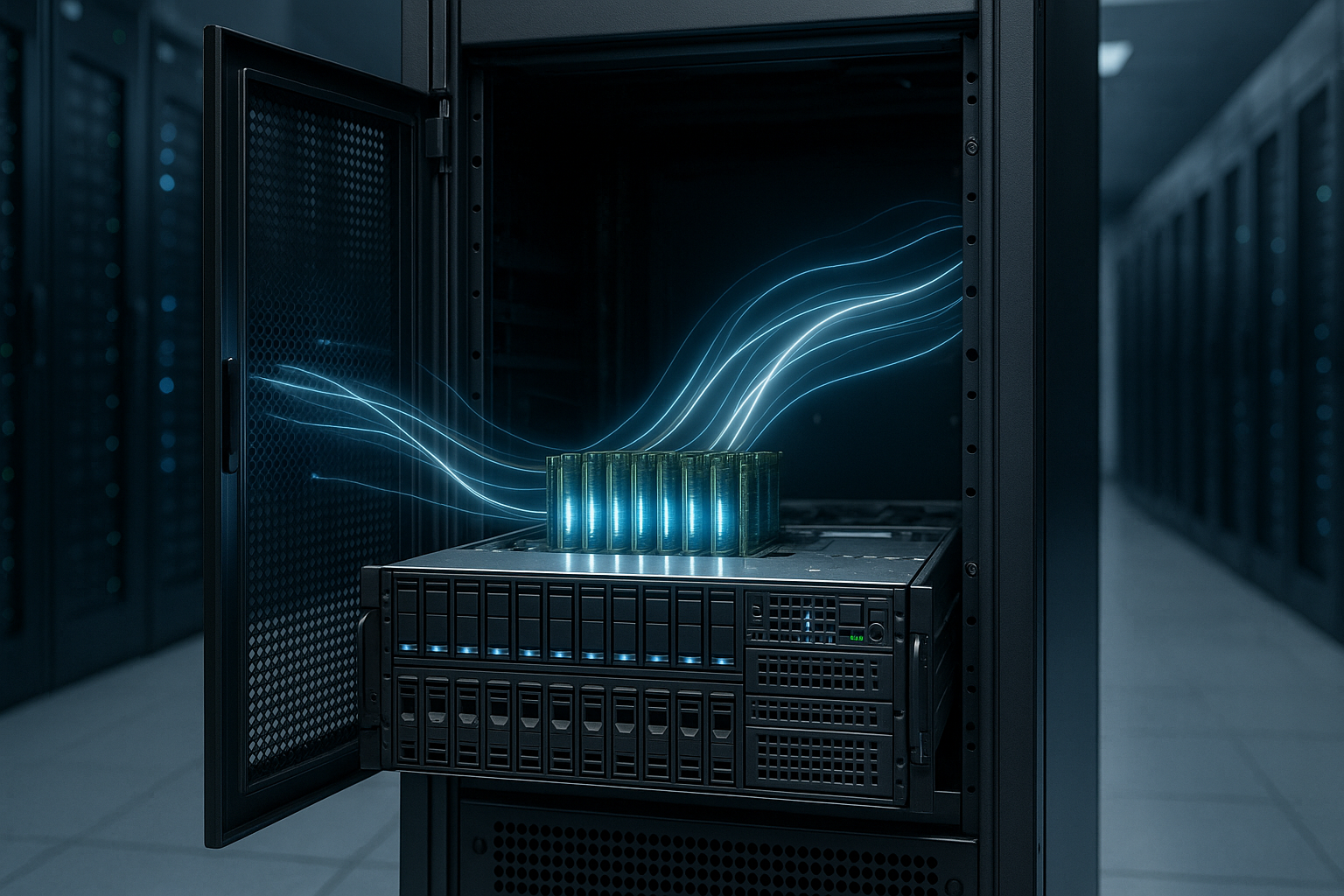 Rack de serveurs avec des modules de mémoire vive mis en évidence pour illustrer le cache ARC de ZFS dans un centre de données