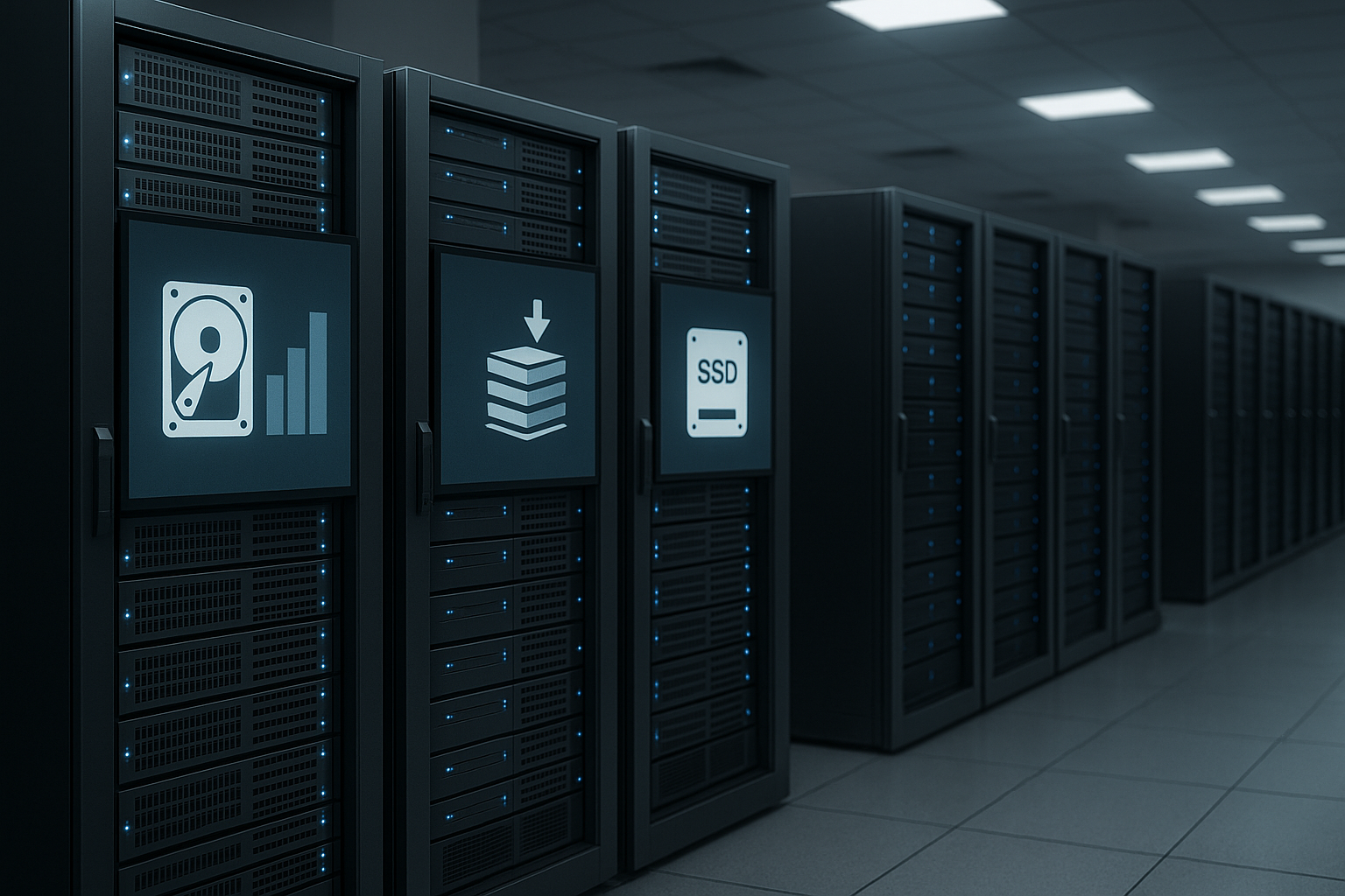 Salle de serveurs équipée de serveurs de bases de données MariaDB et d'une compression de pages visualisée