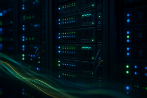 Serveur web NGINX dans un centre de données moderne avec des flux de données visualisés