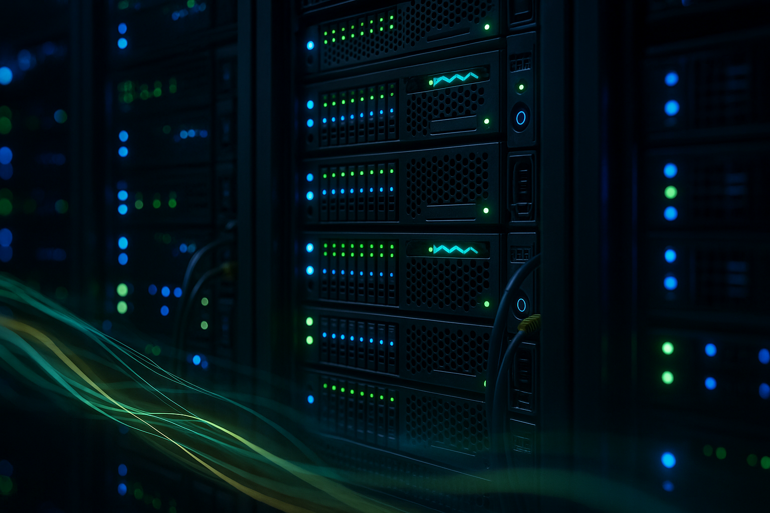 Serveur web NGINX dans un centre de données moderne avec des flux de données visualisés