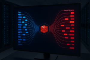 Visualisation d'une architecture Redis Streams moderne avec des flux de données dans un centre de données