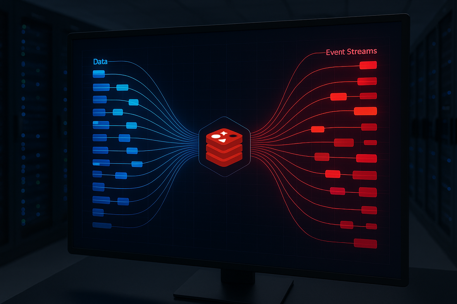 Visualisation d'une architecture Redis Streams moderne avec des flux de données dans un centre de données